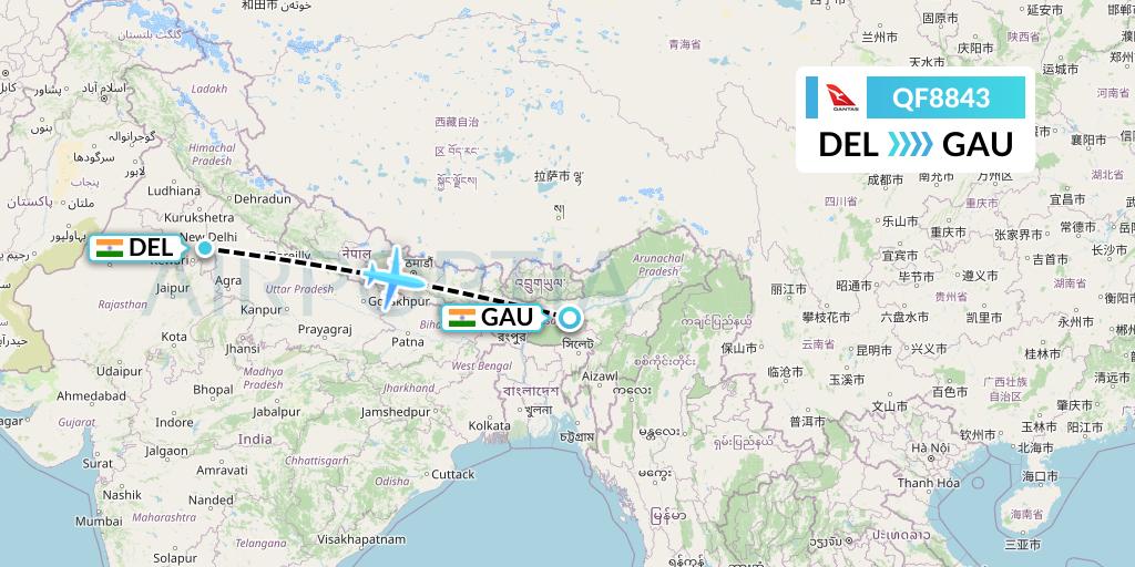 QF8843 Qantas Flight Map: Delhi to Guwahati
