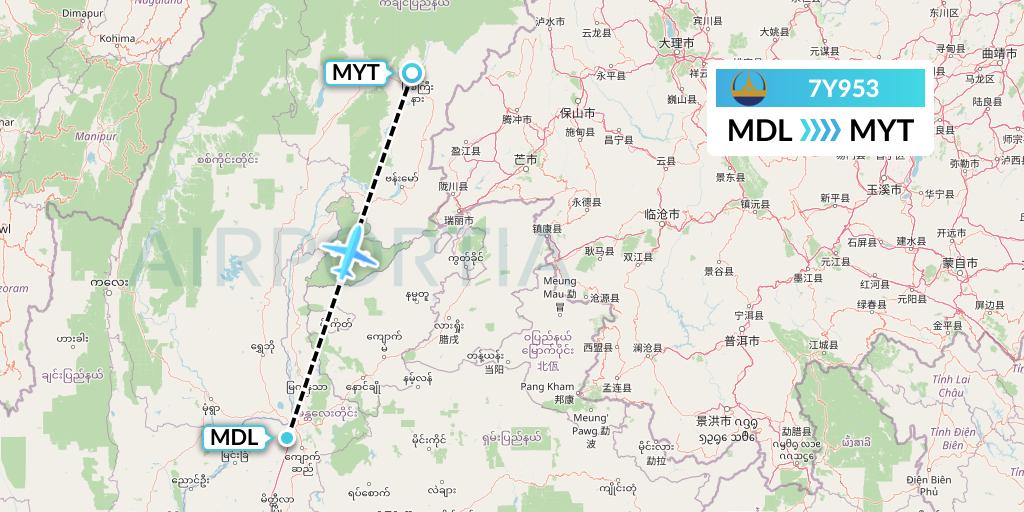 7Y953 Mann Yadanarpon Airlines Flight Map: Mandalay to Myitkyina