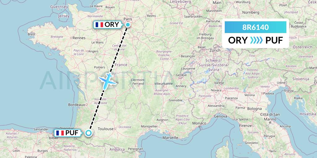 8R6140 Amelia Flight Map: Paris to Pau