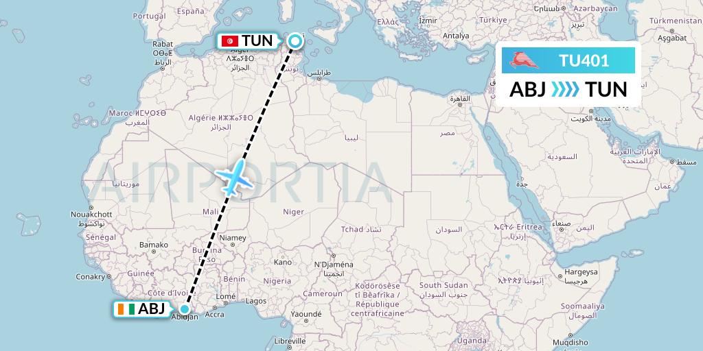 TU401 Tunisair Flight Map: Abidjan to Tunis