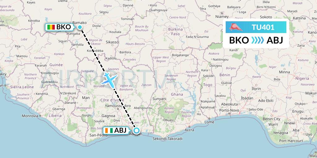 TU401 Tunisair Flight Map: Bamako to Abidjan