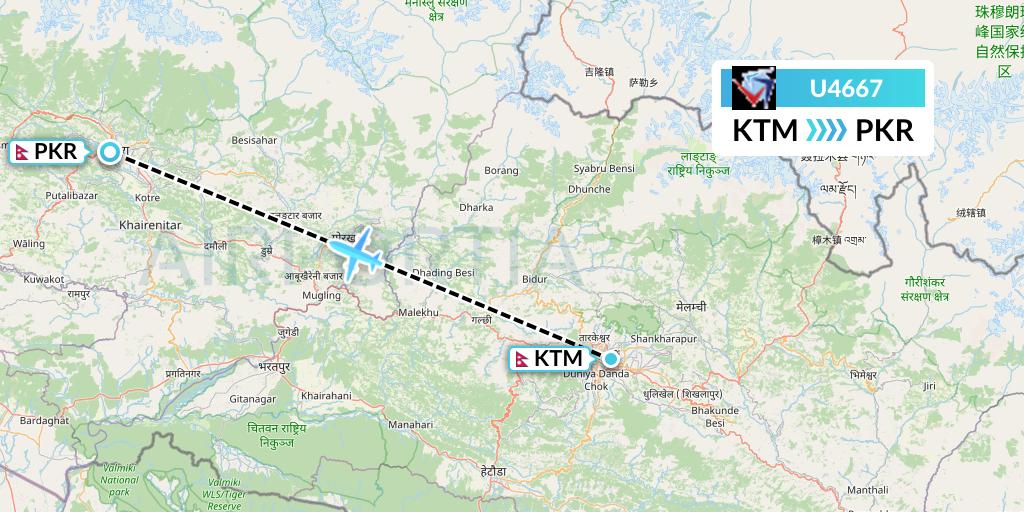 U4667 Buddha Air Flight Map: Kathmandu to Pokhara