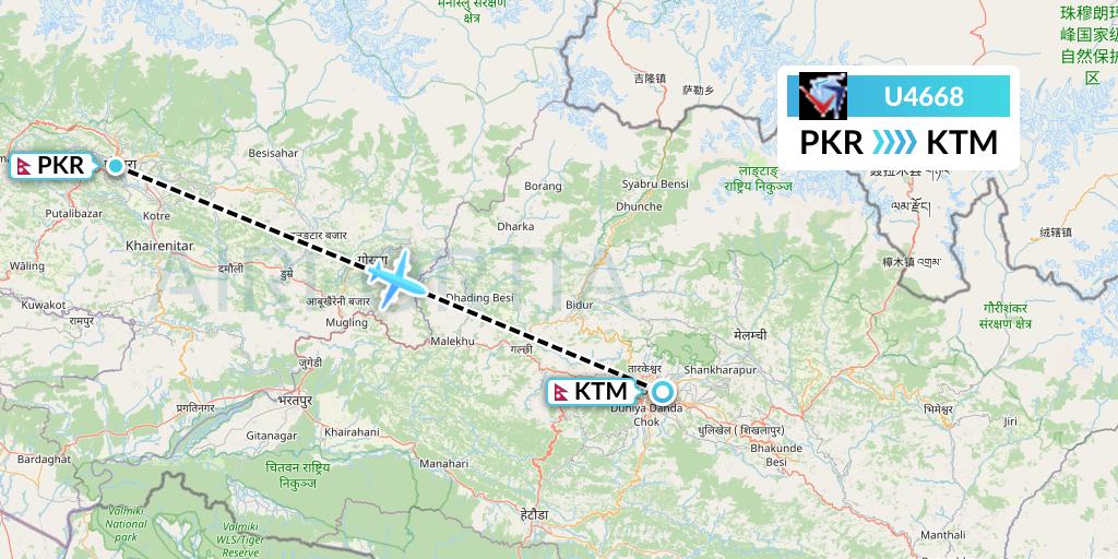 U4668 Buddha Air Flight Map: Pokhara to Kathmandu