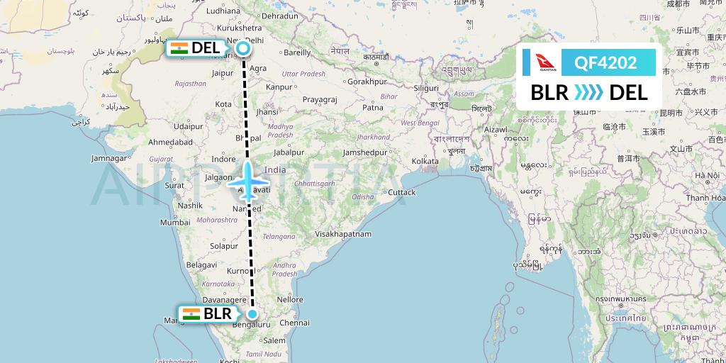 QF4202 Qantas Flight Map: Bangalore to Delhi