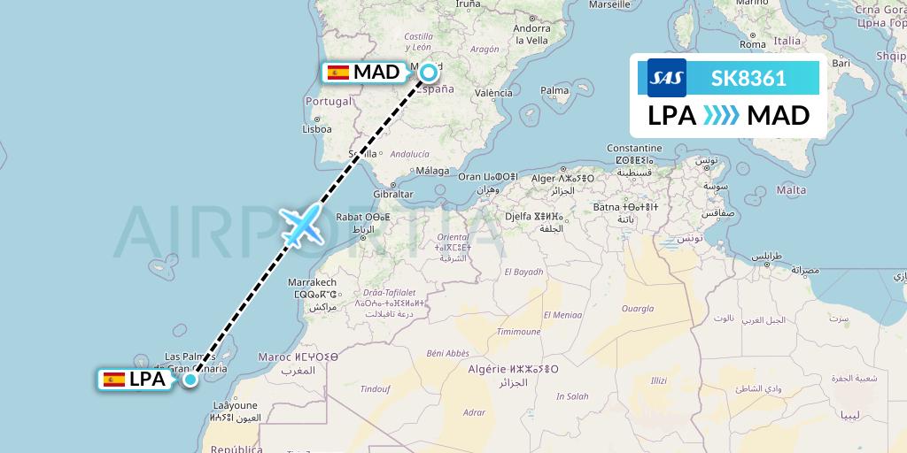 SK8361 SAS Flight Map: Las Palmas to Madrid