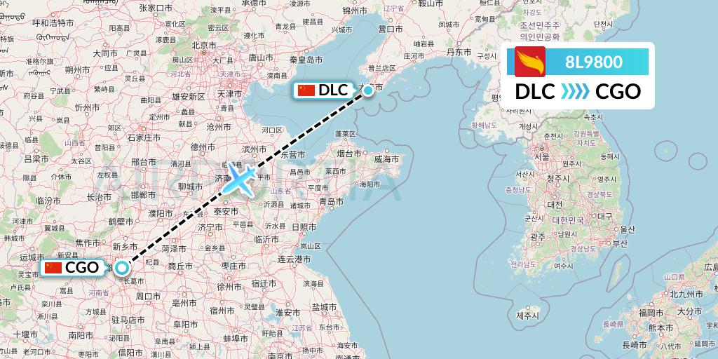 8L9800 Lucky Air Flight Map: Dalian to Zhengzhou