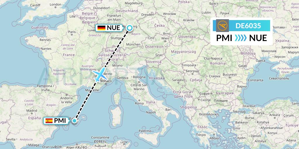 DE6035 Condor Flight Map: Palma de Mallorca to Nurnberg