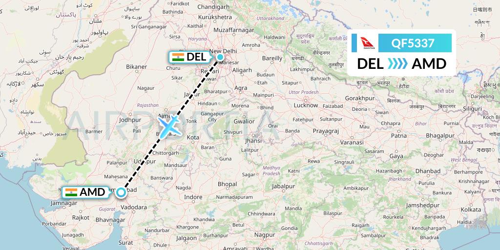 QF5337 Qantas Flight Map: Delhi to Ahmedabad