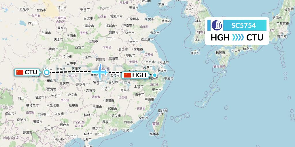 SC5754 Shandong Airlines Flight Map: Hangzhou to Chengdu
