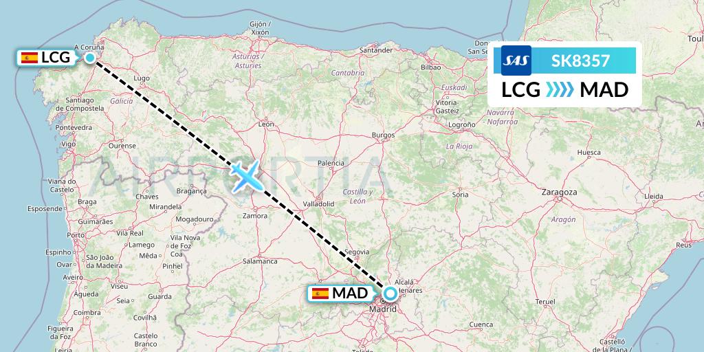 SK8357 SAS Flight Map: A Coruna to Madrid