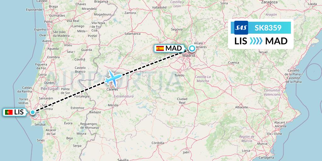SK8359 SAS Flight Map: Lisbon to Madrid