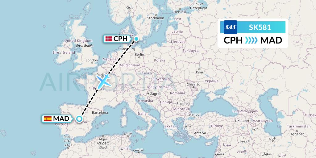 SK581 SAS Flight Map: Copenhagen to Madrid