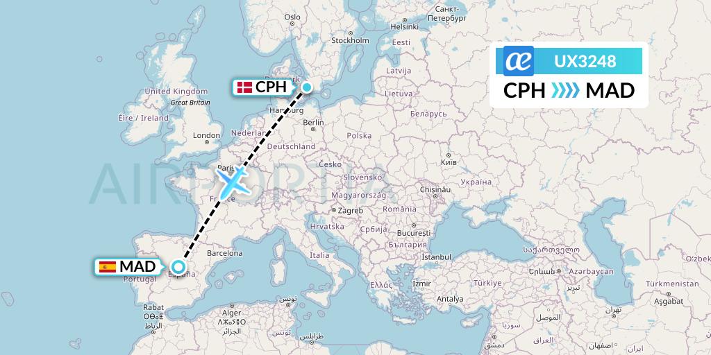 UX3248 Air Europa Flight Map: Copenhagen to Madrid