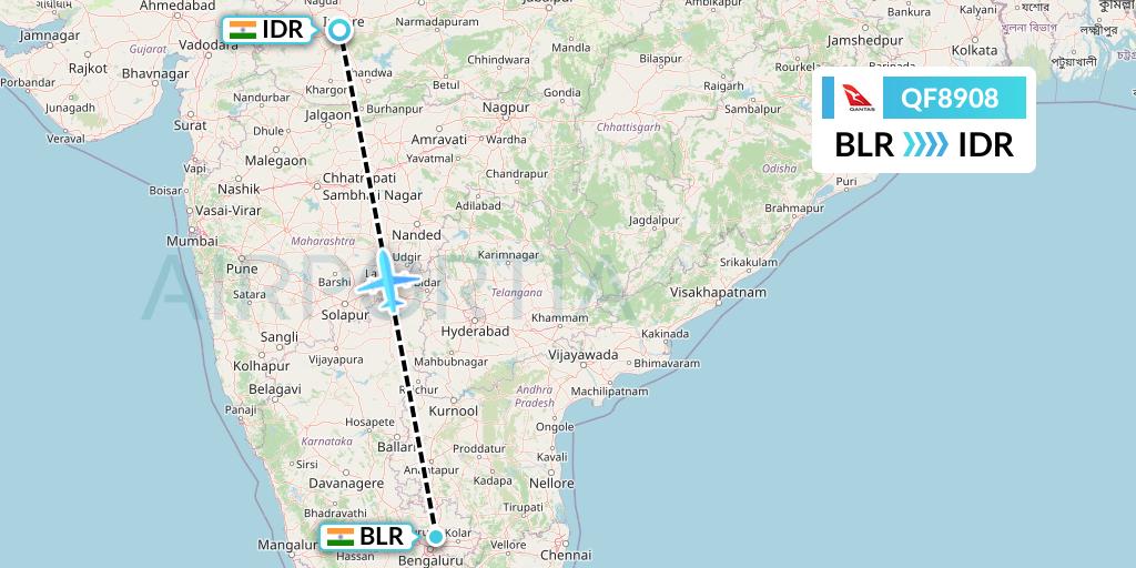QF8908 Qantas Flight Map: Bangalore to Indore