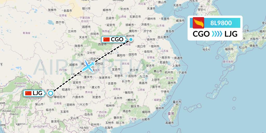 8L9800 Lucky Air Flight Map: Zhengzhou to Lijiang