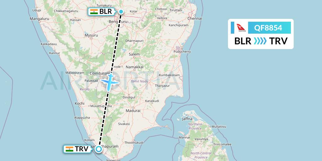 QF8854 Qantas Flight Map: Bangalore to Thiruvananthapuram