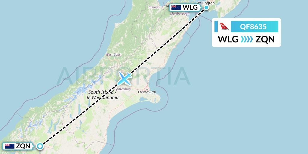 QF8635 Qantas Flight Map: Wellington to Queenstown