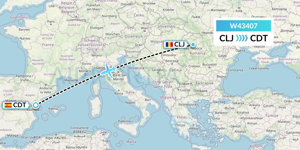 W43407 Wizz Air Malta Flight Map: Cluj-Napoca to Castellon de la Plana