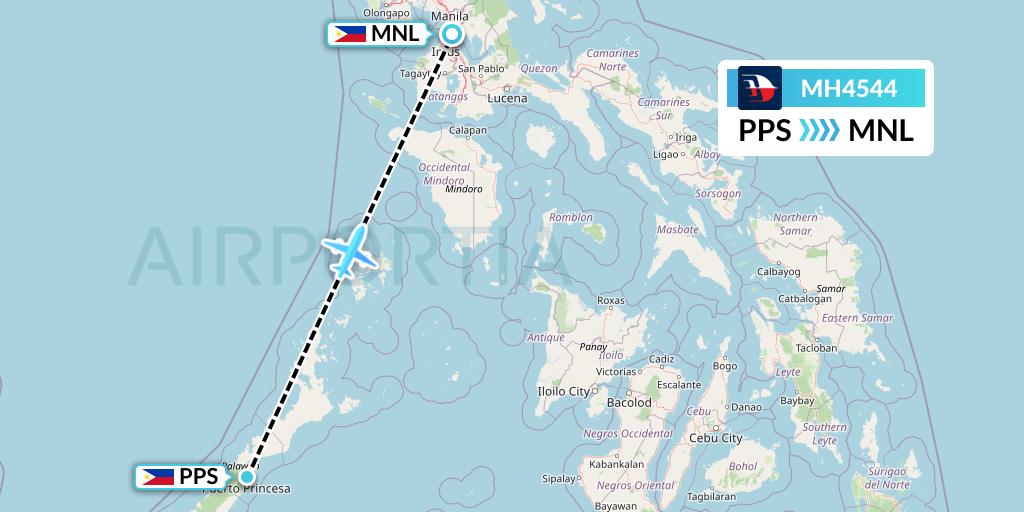 MH4544 Malaysia Airlines Flight Map: Puerto Princesa City to Manila