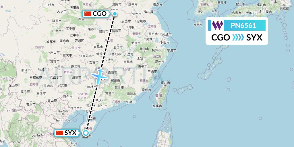 PN6561 China West Air Flight Map: Zhengzhou to Sanya