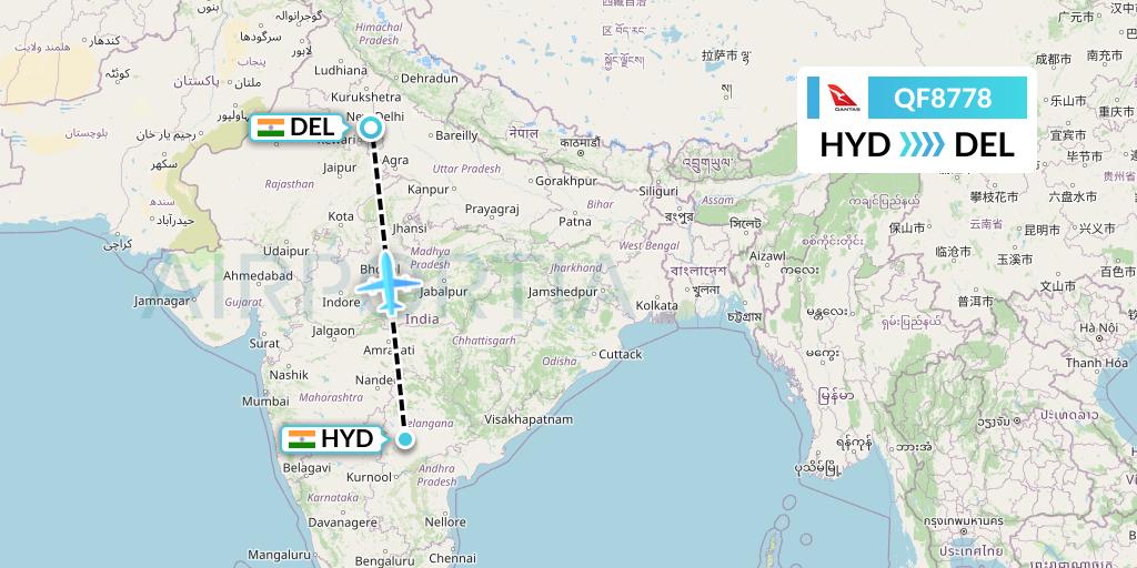 QF8778 Qantas Flight Map: Hyderabad to Delhi