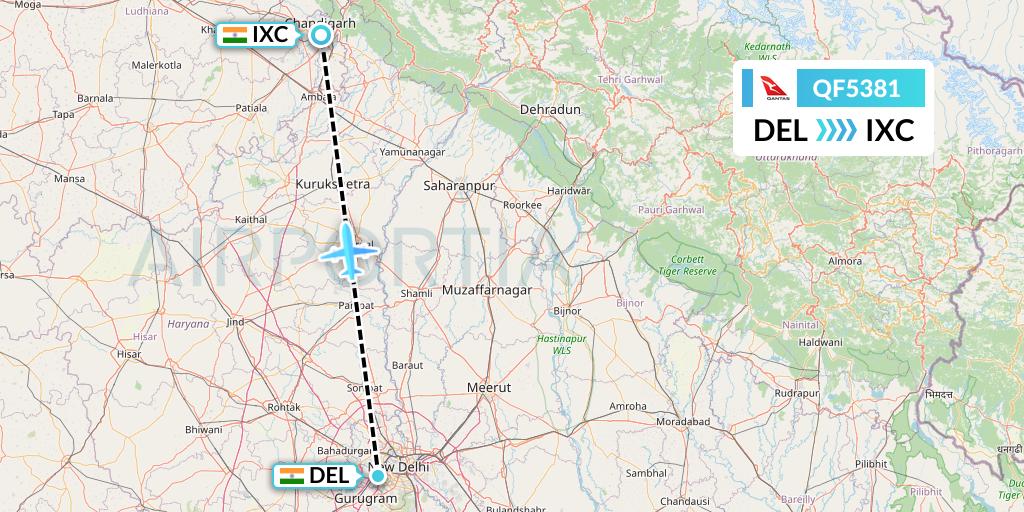 QF5381 Qantas Flight Map: Delhi to Chandigarh