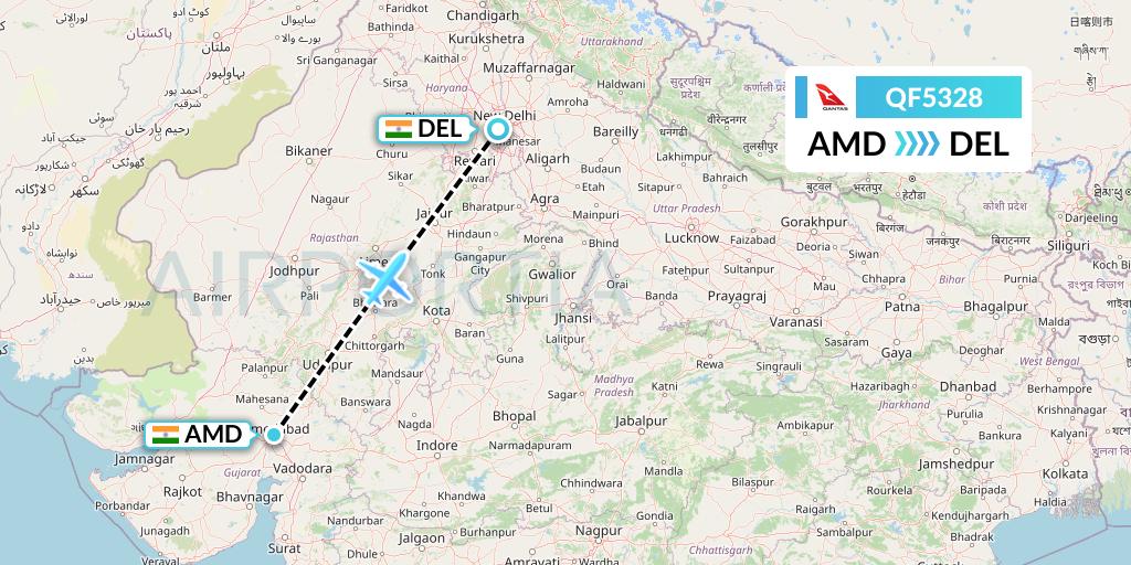 QF5328 Qantas Flight Map: Ahmedabad to Delhi