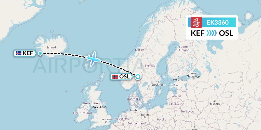 EK3360 Emirates Flight Map: Reykjavik to Oslo