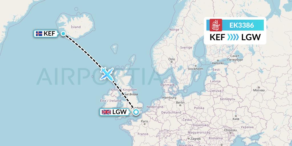 EK3386 Emirates Flight Map: Reykjavik to London