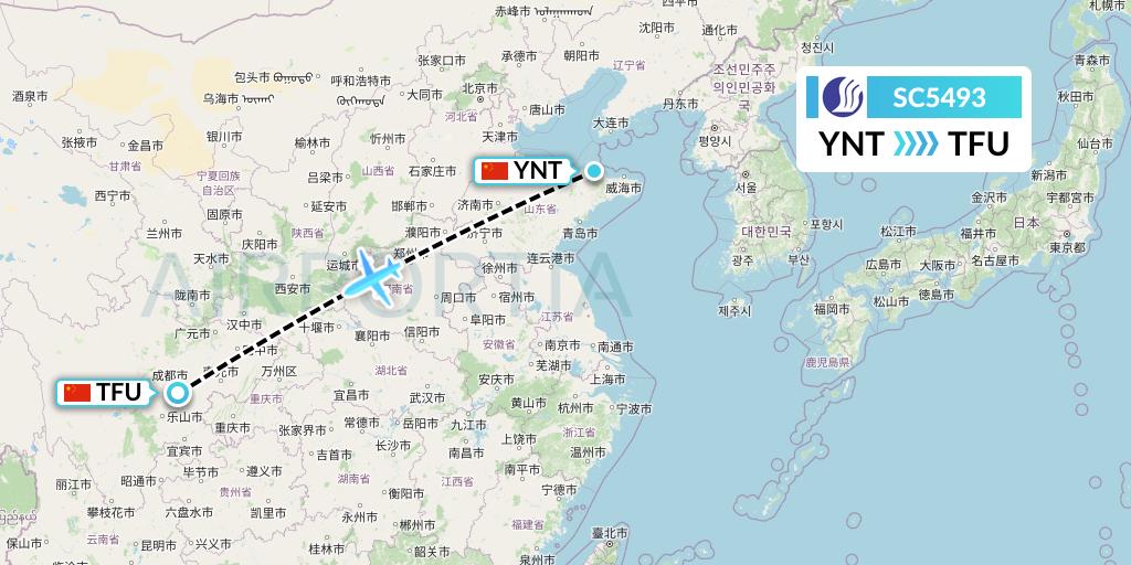 SC5493 Shandong Airlines Flight Map: Yantai to Chengdu