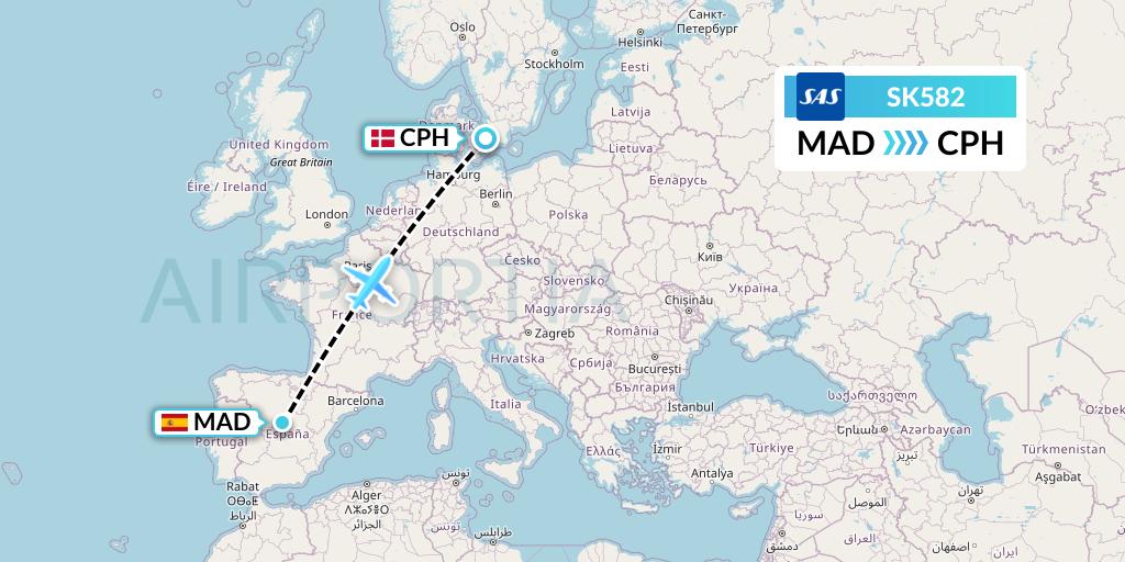 SK582 SAS Flight Map: Madrid to Copenhagen