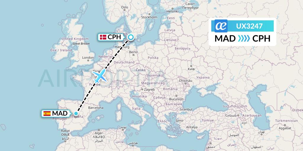 UX3247 Air Europa Flight Map: Madrid to Copenhagen