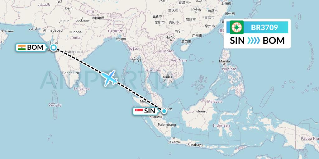 BR3709 EVA Air Flight Map: Singapore to Mumbai