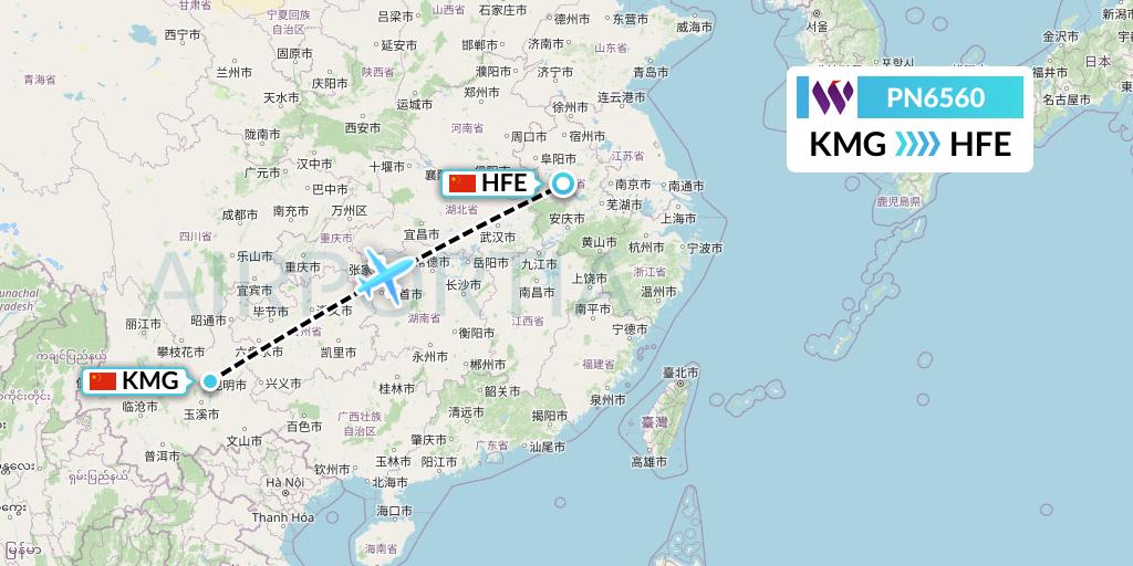 PN6560 China West Air Flight Map: Kunming to Hefei