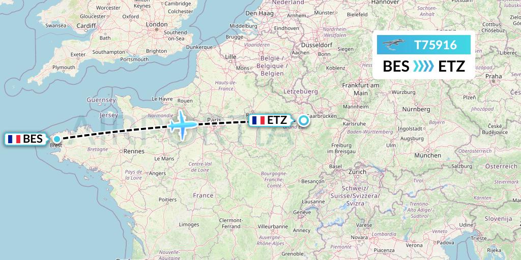 T75916 Twin Jet Flight Map: Brest to Metz-Nancy