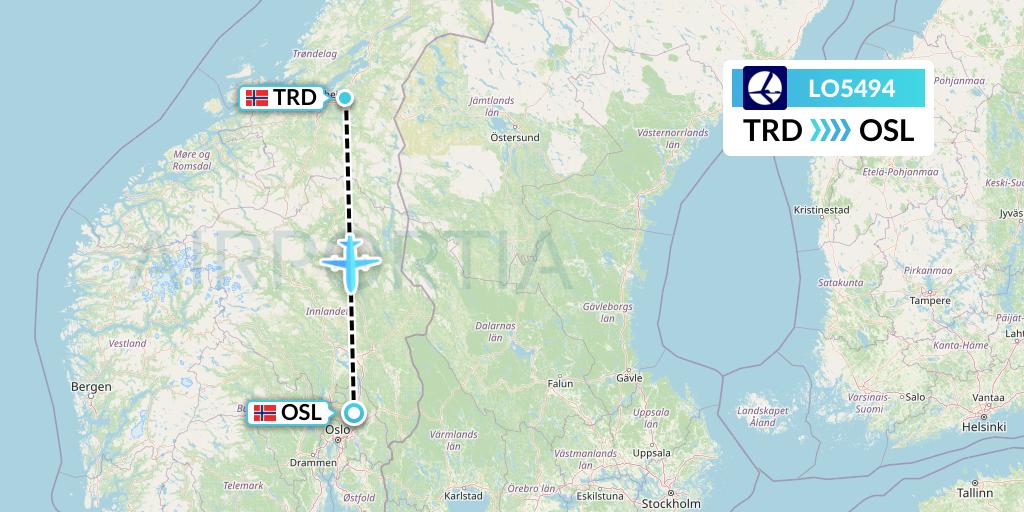 LO5494 LOT Flight Map: Trondheim to Oslo