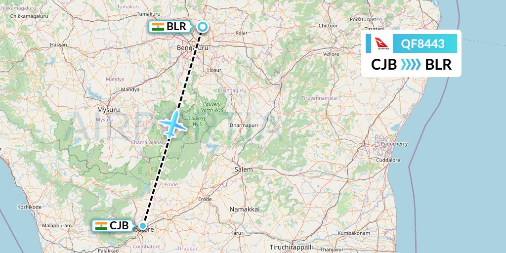 QF8443 Qantas Flight Map: Coimbatore to Bangalore