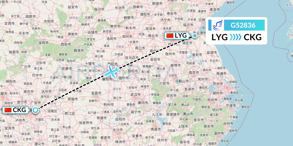 G52836 China Express Airlines Flight Map: Lianyungang to Chongqing