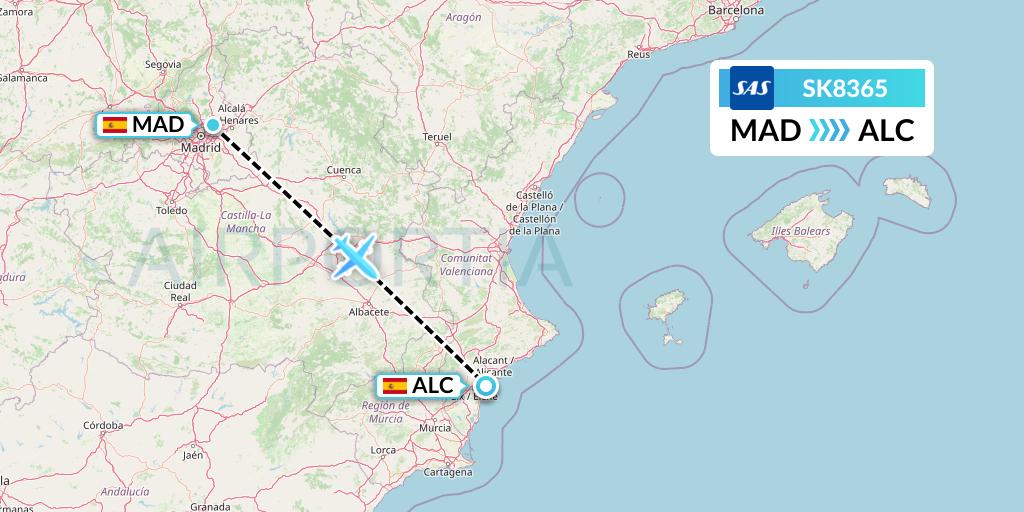 SK8365 SAS Flight Map: Madrid to Alicante