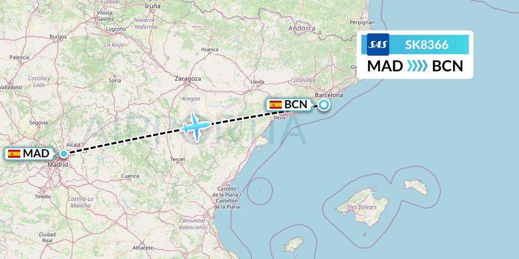 SK8366 SAS Flight Map: Madrid to Barcelona
