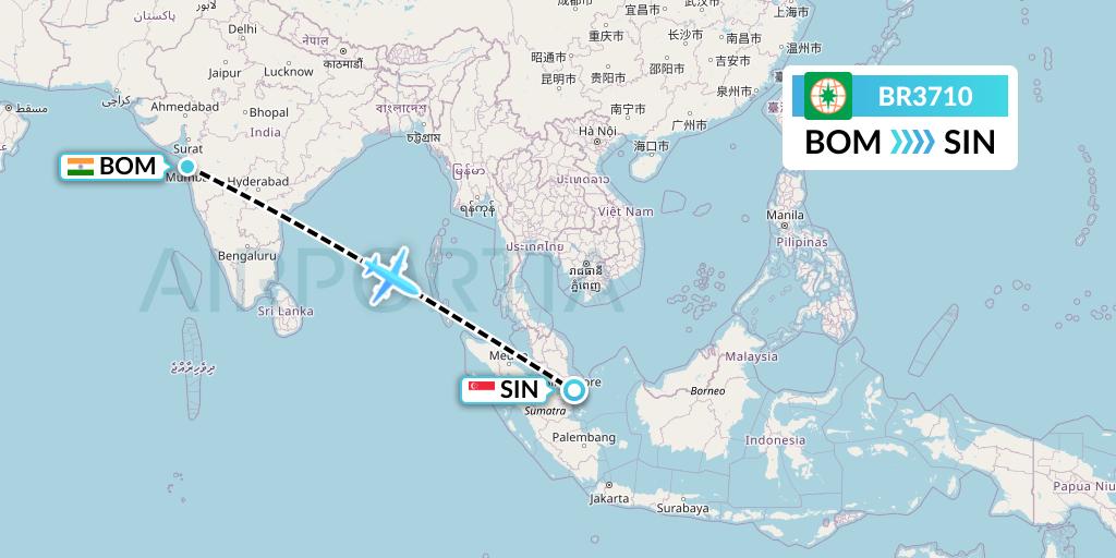 BR3710 EVA Air Flight Map: Mumbai to Singapore