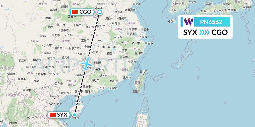 PN6562 China West Air Flight Map: Sanya to Zhengzhou