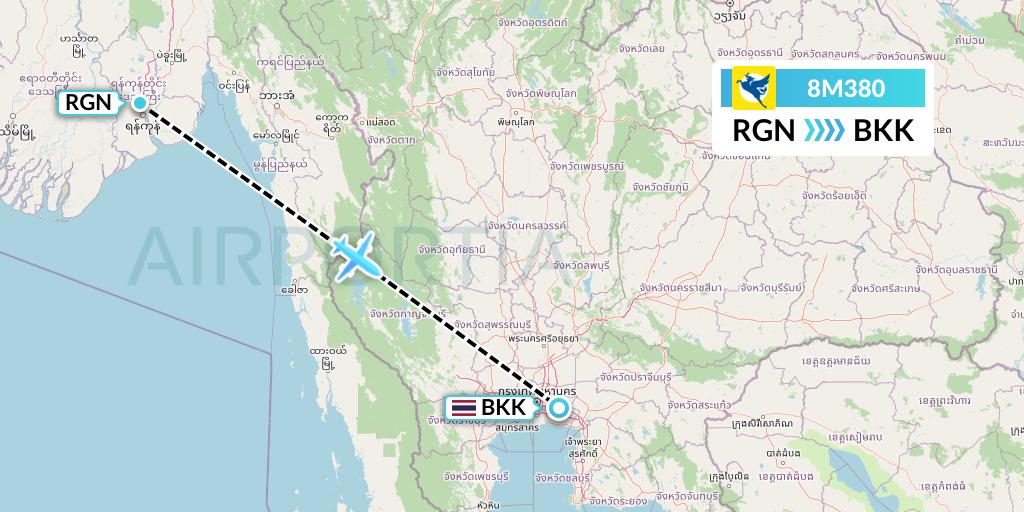 8M380 Myanmar Airways International Flight Map: Yangon to Bangkok