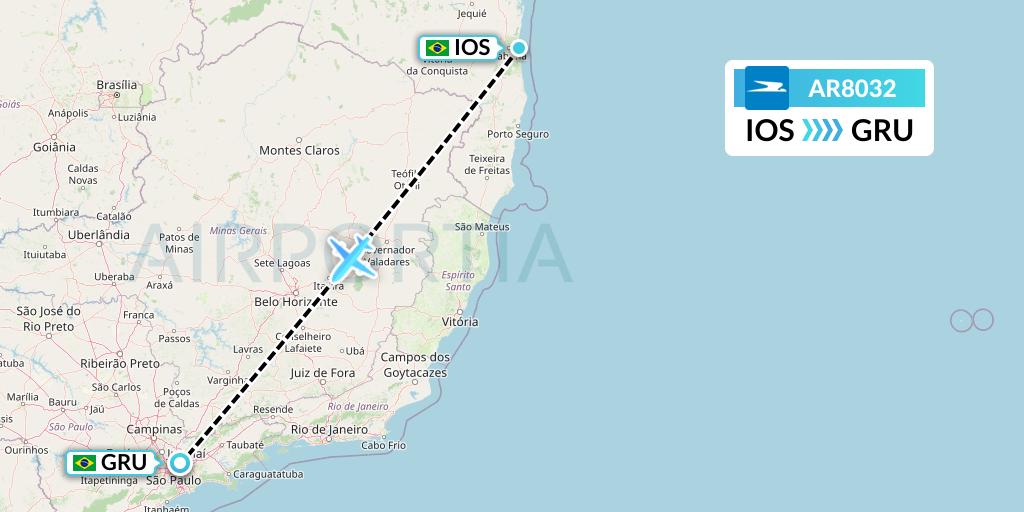 AR8032 Aerolineas Argentinas Flight Map: Ilheus to Sao Paulo