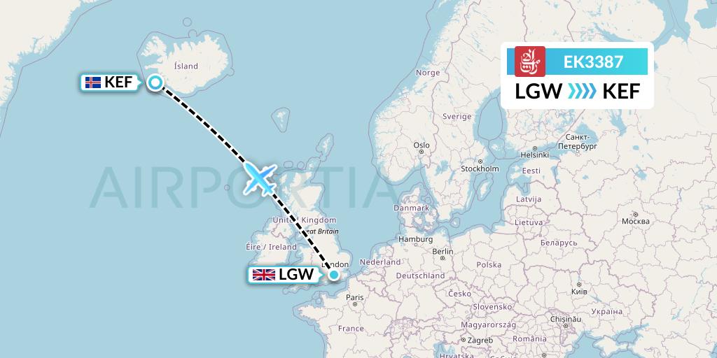 EK3387 Emirates Flight Map: London to Reykjavik