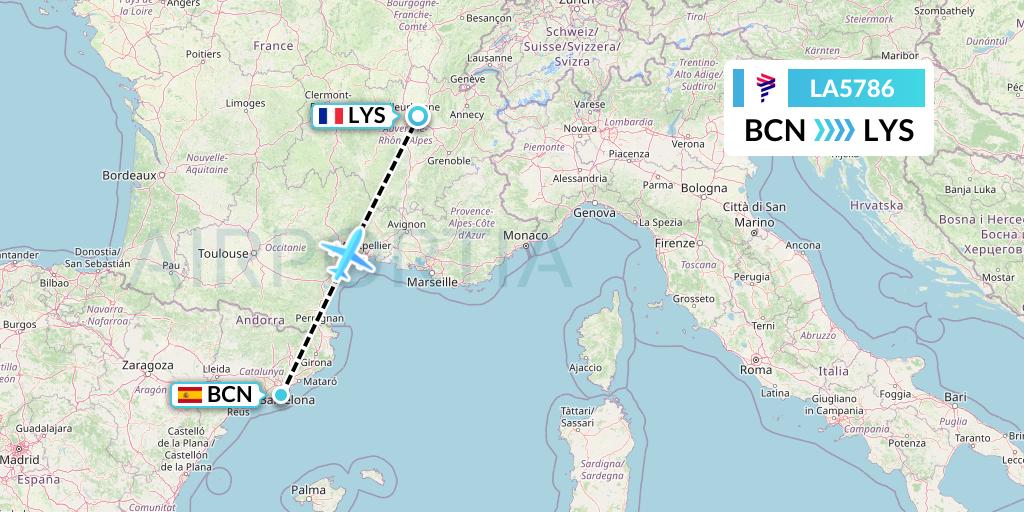 LA5786 LAN Airlines Flight Map: Barcelona to Lyon
