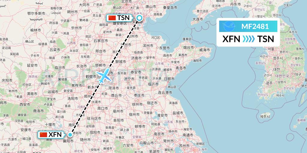 MF2481 Xiamen Airlines Flight Map: Xiangyang to Tianjin