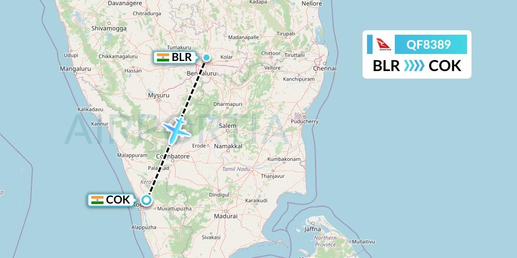 QF8389 Qantas Flight Map: Bangalore to Cochin