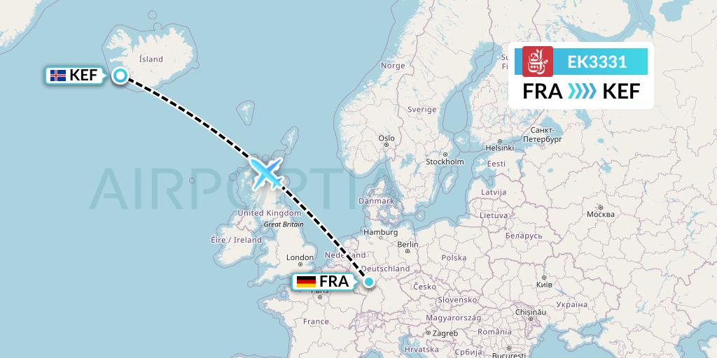 EK3331 Emirates Flight Map: Frankfurt to Reykjavik