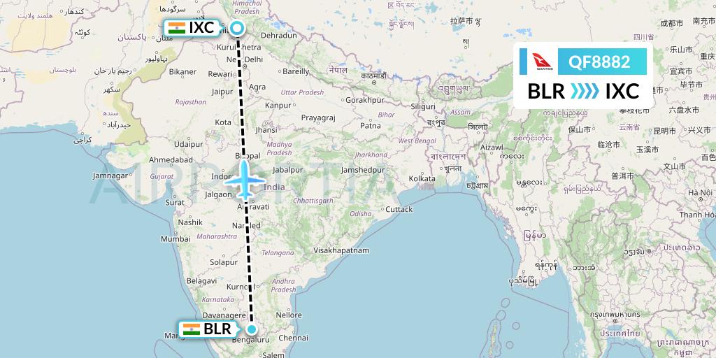 QF8882 Qantas Flight Map: Bangalore to Chandigarh